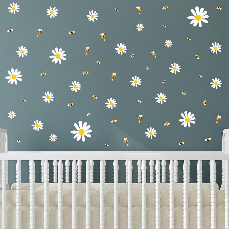 Kasubeso White Daisy and Bees Wall Stickers Easy to Peel and Stick Retro Flower Wall Decals for Girls Bedroom Nursery Living Room Office Floral Wall Decor - Image 4